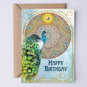 Cartão de aniversário imprimível Boho | arte da aguarela do pavão & da lua/sol do art deco | Cartão de download instantâneo
