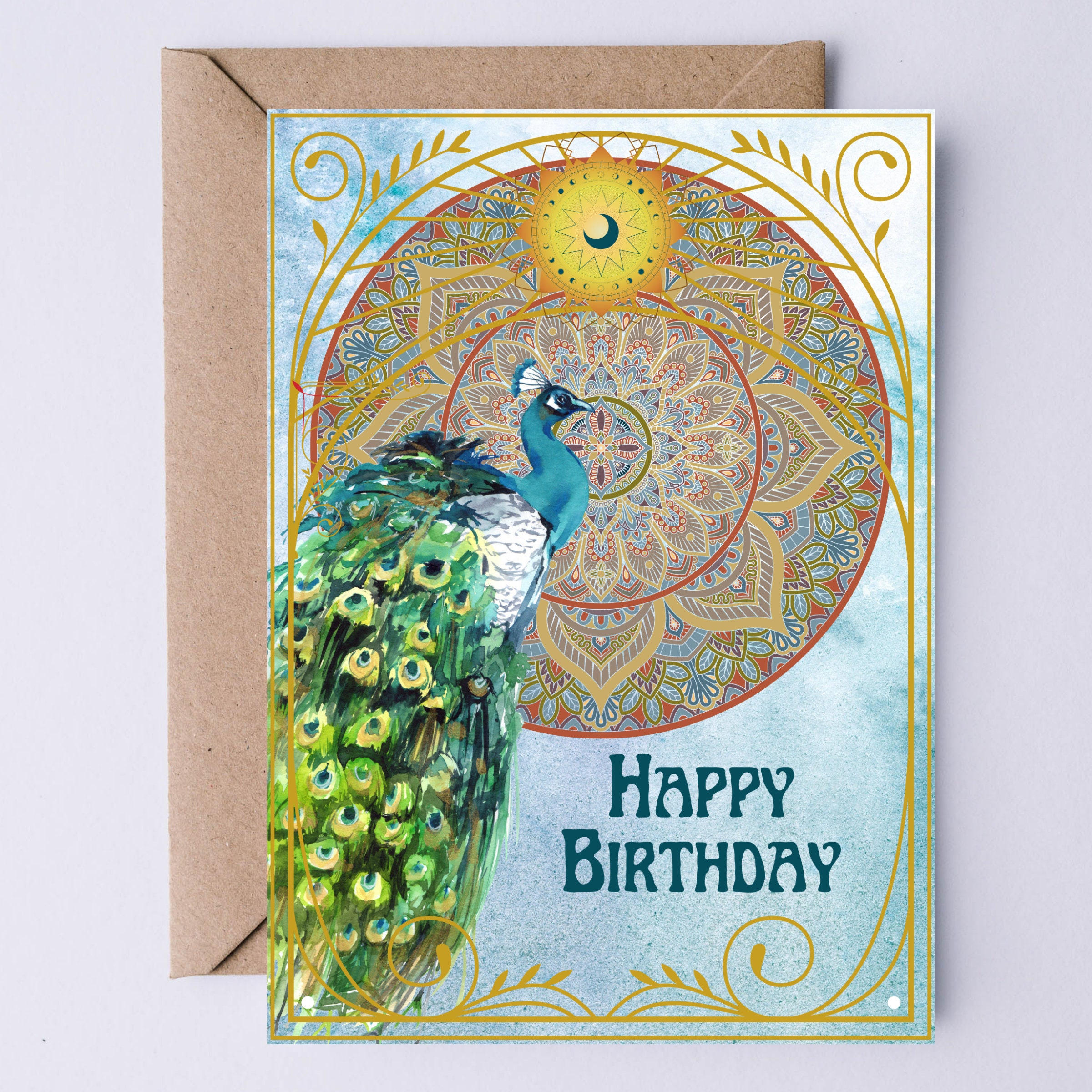 Bohemian Printable Birthday Card Art Deco Peacock Moon Sun Etsy Singapore