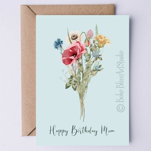 Cartão de aniversário para mãe Cartão de aniversário DIGITAL para mãe Cartão de aniversário para impressão de arte com flores silvestres para mãe