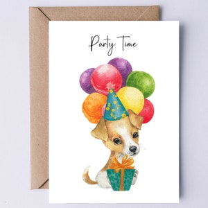Party Time Verjaardagskaart Printable - Jack Russell Terrier Puppy | Uitnodigingsaanvraag | Kaart voor verjaardag afstuderen pensioen jobpromotie