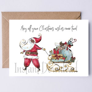 Cartão de Fada de Natal Digital | Cartão de Papai Noel e Trenó | Que todos os seus desejos de Natal se tornem realidade! Cartão de Saudação de Natal para Imprimir