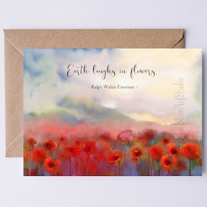Puede incluir: Una pintura de acuarela de un campo de amapolas rojas con una cita de Ralph Waldo Emerson: "La tierra ríe en flores."