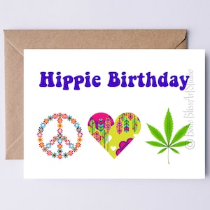Tarjeta de cumpleaños hippie Paz Amor Marihuana Tarjeta de cumpleaños DIGITAL para madre Padre Esposo Esposa Viejo Amigo Hippie