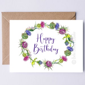 Carte numérique d'anniversaire écossais Carte imprimable d'art du chardon écossais Carte d'anniversaire écossaise Carte de joyeux anniversaire pour les amoureux de l'Écosse !