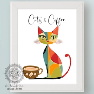Cats & Coffee DIGITAL Art Print Cat Kitchen Wall Art PRINTABLE Cat Decor Cat and Coffee Lover Gift Office Art Instant Download