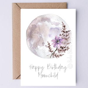 Tarjeta de cumpleaños de Moonchild - Tarjeta de cumpleaños imprimible Feliz cumpleaños Tarjeta de felicitación digital Moonchild - Tarjeta de notas de arte de acuarela de luna para ella