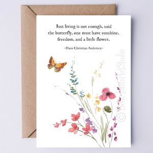 Hans Christian Andersen Carte imprimable Citation Just Living Is Not Enough Said the Butterfly - Carte de jardinier numérique - Carte d’anniversaire de jardinage