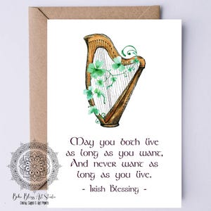 Biglietto di nozze DIGITALE Irish Blessing: possiate entrambi vivere finché volete... Arpa e trifogli acquerellati Anniversario Download immediato