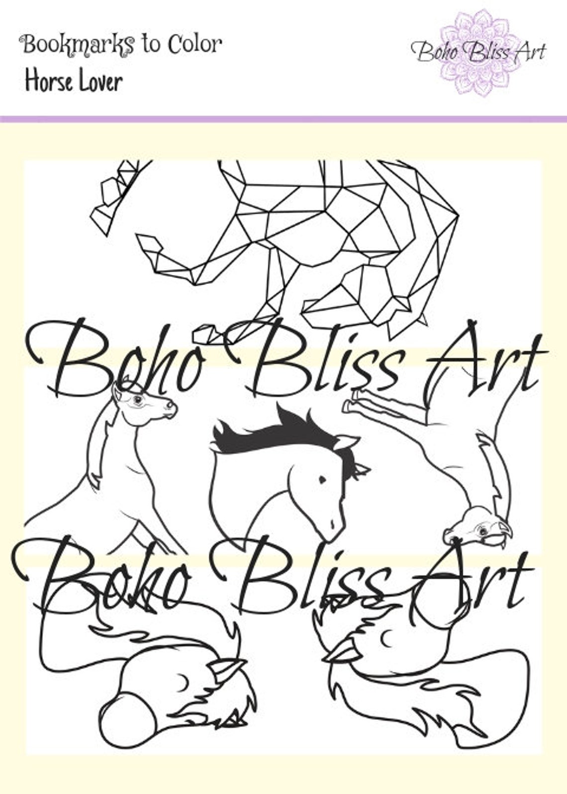 horse lover bookmarks to color 2 printable sheets of 6 total etsy