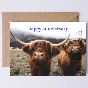Karta rocznicowa Scottish Coo Szkocja CYFROWA Karta Szkocka Highland Coos Fotografia DRUKU Karta rocznicowa