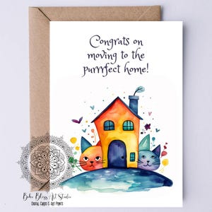 Carte numérique de chats pour la nouvelle maison Carte imprimable en mouvement pour chat Carte d'art aquarelle chat pour l'achat d'une nouvelle maison Téléchargement immédiat