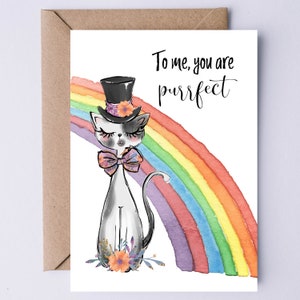 LGBTQ kat digitale verjaardagskaart kattenliefhebber afdrukbare kaart - voor mij ben je purrfect! Grillige Rainbow Cat-kaart Ondersteuningskaart direct downloaden