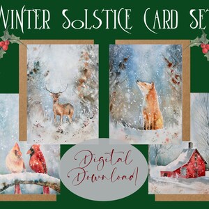 Lot de cartes imprimables du solstice d'hiver - ensemble de papeterie carte numérique païenne - carte de vœux - amoureux de la nature hiver cartes oeuvre aquarelle