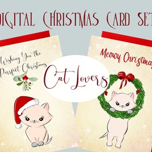 Vintage Christmas Cats Digital Card Set Printable Cat Lover Holiday Card Bundle Antique Kitten Art Cards Cute Cat Christmas Cards