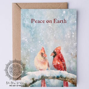 Peace on Earth PRINTABLE Card Cardinals Winter Solstice Card DIGITAL Christmas Card for Bird Lovers Nature Artwork Instant Download