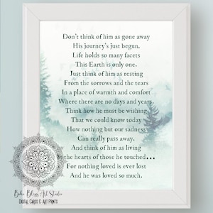 Peut inclure: Impression encadrée avec un poème sur le souvenir, sur fond de forêt douce à l'aquarelle. Le texte est en police serif classique. Un motif mandala décoratif est dans le coin inférieur gauche. Les mots "Boho Bliss Art Studio" sont en bas.