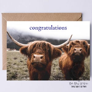 Carte numérique de félicitations des Highlands écossais Carte de mariage d'Écosse Carte de photographie de vache écossaise Carte d'anniversaire de remise des diplômes Nouvel emploi