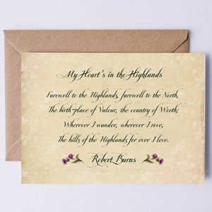 Mon coeur est dans les Highlands Carte numérique poème Robert Burns Écosse Carte IMPRIMABLE Carte chardon écossais à téléchargement immédiat