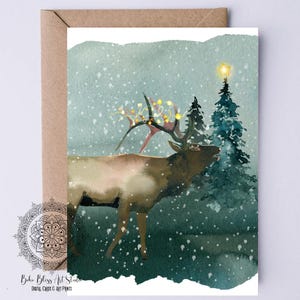 Carte numérique aquarelle renne de Noël Carte imprimable Nature Solstice d'hiver Carte de Noël Téléchargement instantané