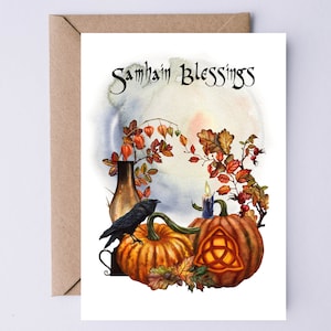 imprimable Bénédictions de Samhain | Aquarelle celtique triquetra sculptée citrouille, corbeau et guirlande de feuilles d'automne | Carte de correspondance numérique d'automne