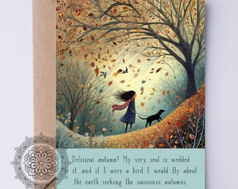 Op de afbeelding: Herfst-thema wenskaart met een illustratie van een persoon die een hond uitlaat onder een boom met vallende bladeren. De kaart bevat een citaat van George Eliot en de tekst "Bohe Bliss Art Studio".