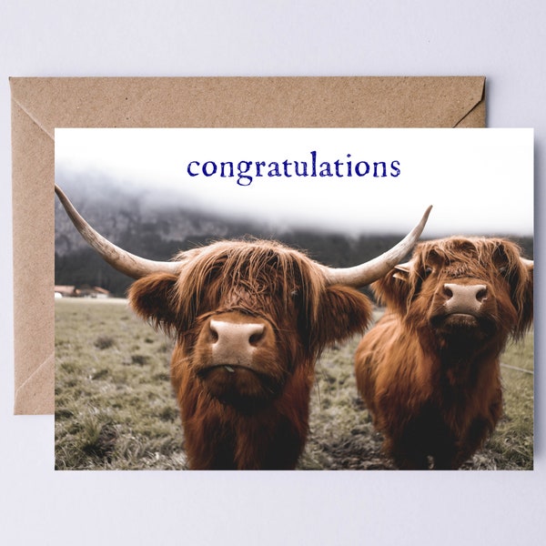Congratulations Printable Card | Scottish Highland Coo Photography Greeting Card | Scotland Lover Graduation Wedding Anniversary New Job