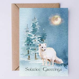 Winter Solstice Digital Card | Solstice Greetings Holiday Card Printable | Arctic Fox in a Snowy Forest Watercolor Art | Instant Download