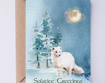 Winter Solstice Digital Card | Solstice Greetings Holiday Card Printable | Arctic Fox in a Snowy Forest Watercolor Art | Instant Download