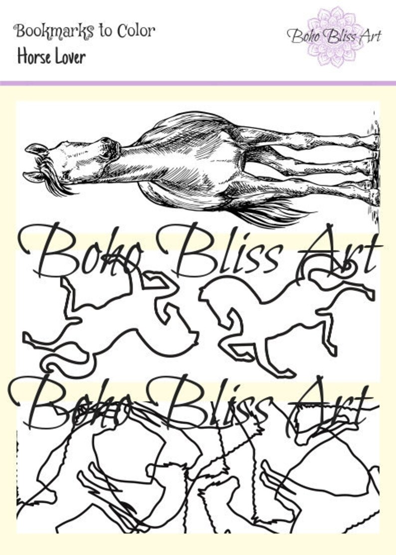 horse lover bookmarks to color 2 printable sheets of 6 total etsy