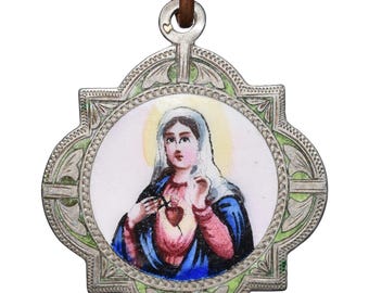 Silver Sacred Heart Of Mary Religious Medal Antique Hand Painted Enamel Charm