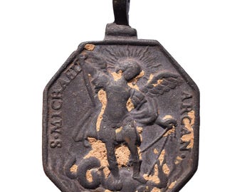 Médaille Religieuse Ancienne - Archange Gabriel, Ange, Saint Michel & Dragon