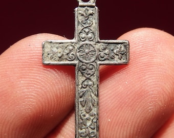 1800s Spanish Pectoral Cross Old Religious Crucifix with Fleur De Lis