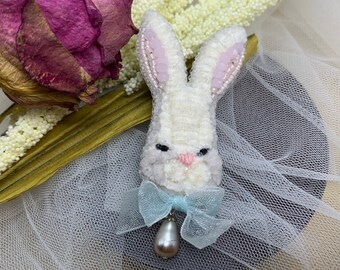 Cute Easter Bunny rabbit brooch | Hand embroidered rabbit jewelry