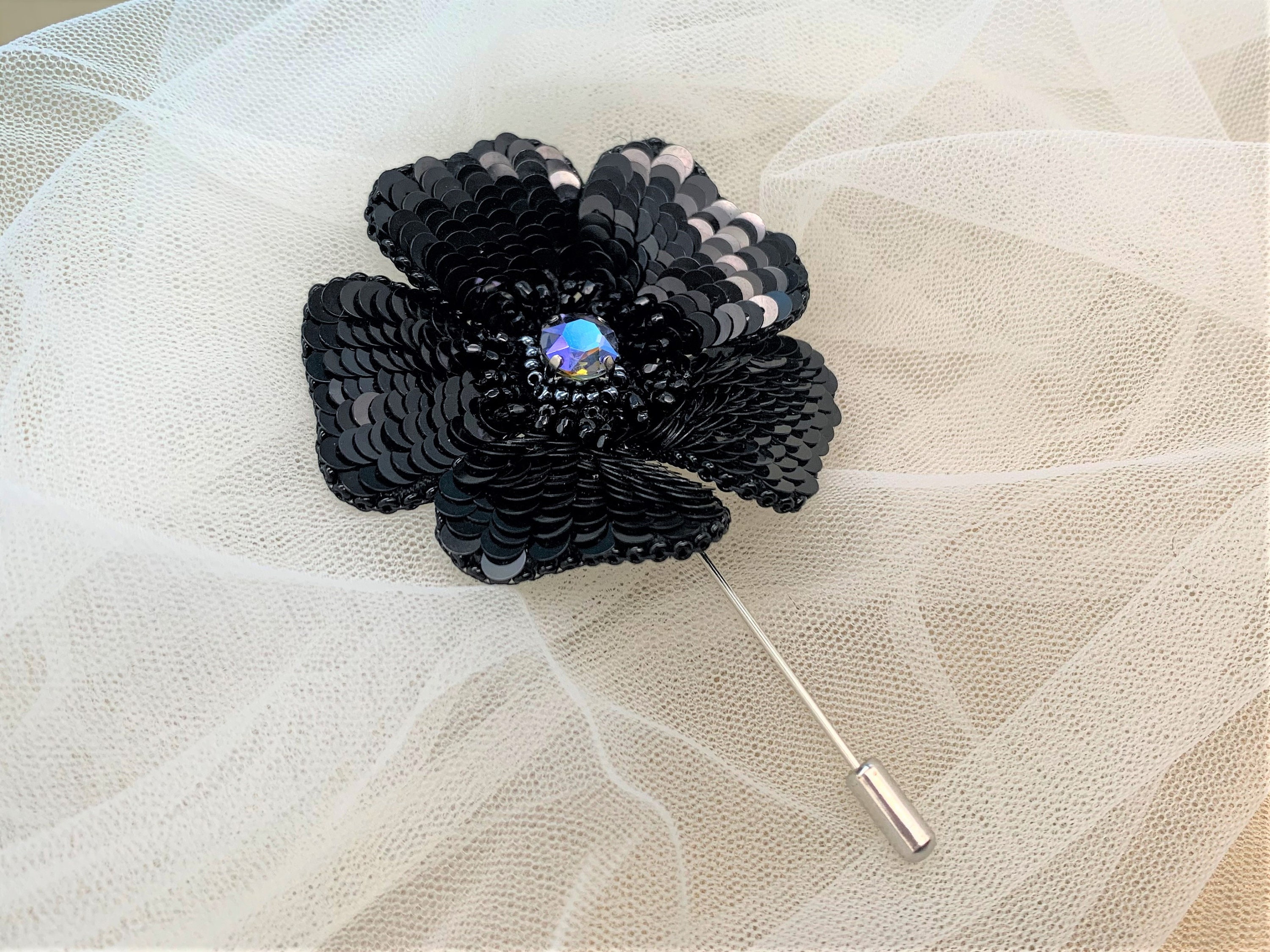 Black Beaded Flower Pin Gift for Her | Etsy