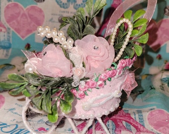 Shabby Sleigh Ornament Pink Roses Ornament Christmas Sleigh Victorian Ornament Shabby Ornament Pink Christmas Ornament Santa Sleigh Ornament