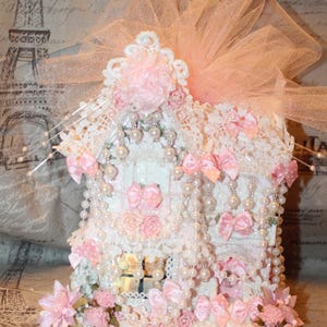 Könnte beinhalten: Ein weißes, dekoratives Haus mit rosa Schleifen, Perlen und Spitze. Das Haus ist mit einem rosa Tüllschleier bedeckt.