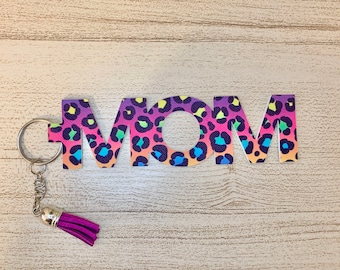 Mom keychain, Mother&#39;s Day , Faux Leather, Neon Leopard Print, Key Fob, Key Accessories, Zipper Charm