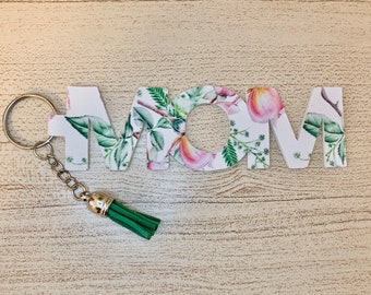 Mom Keychain, Faux Leather, Floral and Greenery , Zipper Charms , Mother’s Day  Gifts