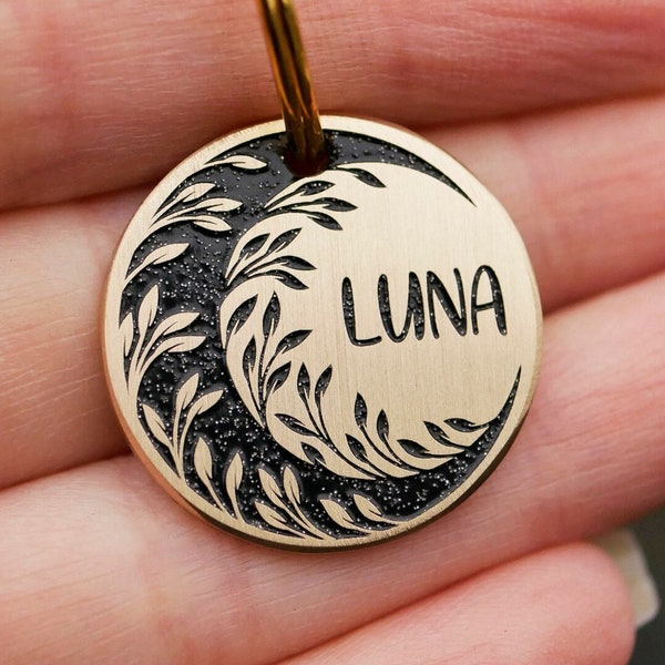 Floral moon dog tag, Personalized id tag, Custom pet id tag, Luna cat name enamel tag, Crescent moon endraved brass metal dog tags for dog,