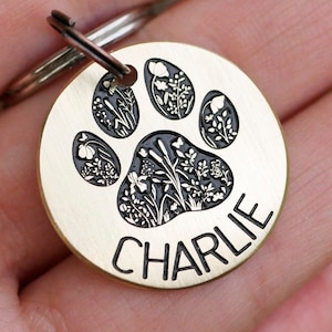 Floral paw dog tag, Custom pet id tag, cat name enamel tag,  endraved brass metal dog tags for dog sollar tag