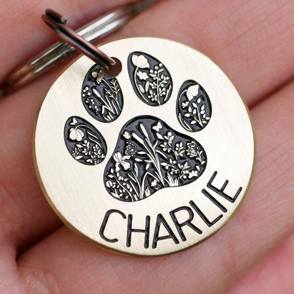 Floral paw dog tag, Custom pet id tag, cat name enamel tag,  endraved brass metal dog tags for dog sollar tag  4590