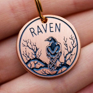 Raven personalized dog tag, Custom pet id tag, wiccan cat name enamel tag, crow endraved brass metal dog tags for dog