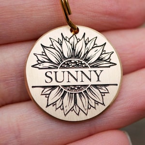 Sunflower name tag for dog, Custom pet id tag, Floral personalized cat enamel tag, Flower endraved metal dog tags for dog 4479