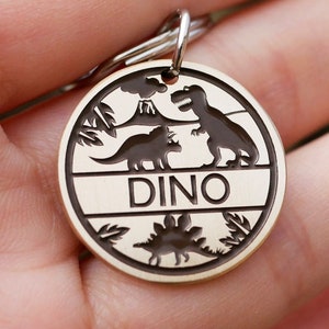 Dinosaur dog tag personalized, Custom pet id tag, dino cat name enamel tag,  endraved brass metal dog tags for dogs