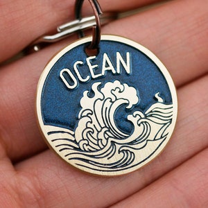 Ocean waves dog tag, Custom pet id tag, Sea cat name enamel tag, wave endraved brass metal dog tags for dog