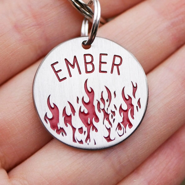 Fire ember personalized dog tag, Custom pet id tag, flame cat name enamel tag, blaze endraved brass metal dog tags for dog 4594