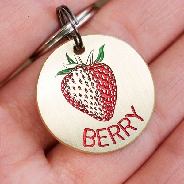 Berry dog tag personalized, strawberry pet id tag, cat name enamel tag, Custom endraved brass metal pet tags  4637