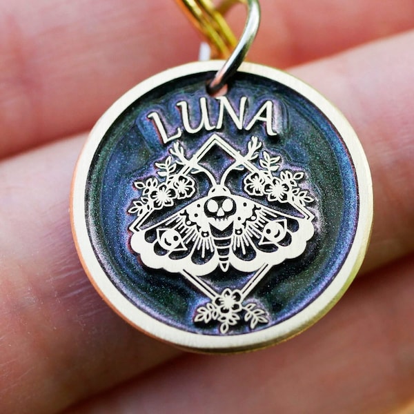 Luna moth dog tag, death head moth personalized pet id tag, wiccan cat name enamel tag, mystical dog tags for dog