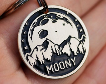 Moon mountains dog tag personalized, lunar pet id tag, outdoor pet name cat tag, Custom endraved brass metal dog tags for dog