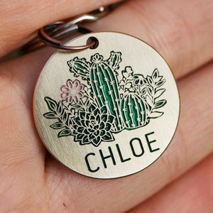 Desert cactus dog tag personalized, outdoor pet id tag, Custom name cat tag, floral engraved brass metal dog tags for dog,  4628
